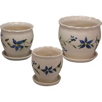 陶器植木鉢３点セット（受皿付） 花柄Ａ 