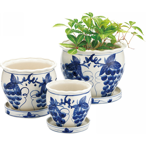 陶器植木鉢３点セット（受皿付） 白・青／ブドウ柄の商品画像
