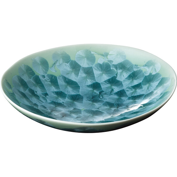 清水焼　花結晶（緑）　楕円鉢の商品画像