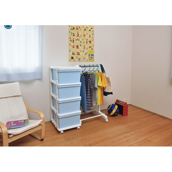 キッズカラー４段チェスト（パイプハンガー付） ホワイトブルーのサムネイル画像1