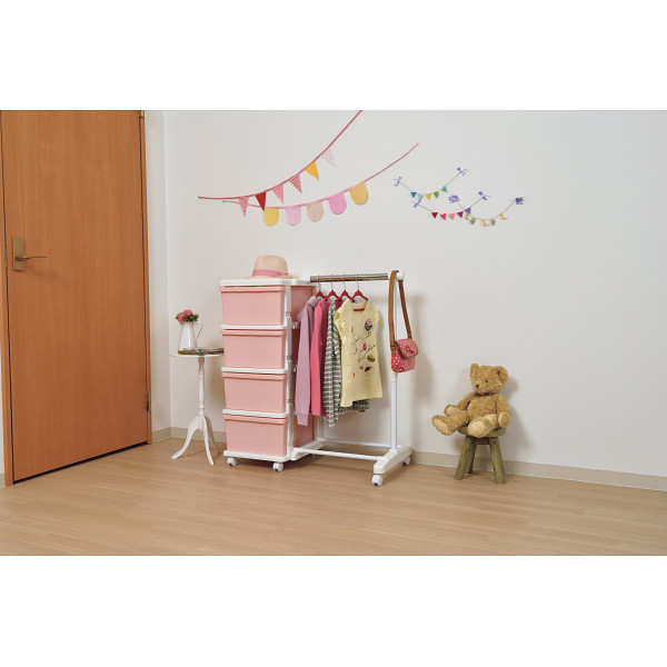 キッズカラー４段チェスト（パイプハンガー付） ホワイトピンクのサムネイル画像1