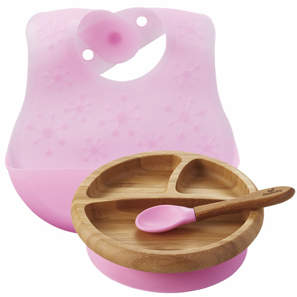 Ａｖａｎｃｈｙ竹のプレート＋スプーンセットとクリスタルビブ ピンクの商品画像