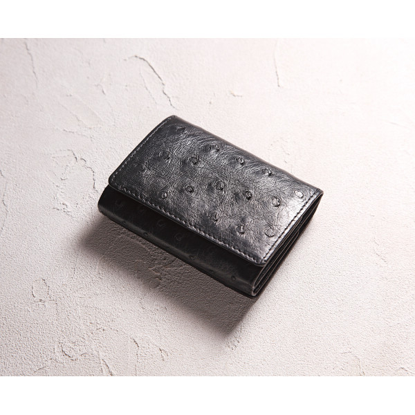 オーストリッチ コンパクト三つ折り財布ブラック | シャディギフトモール