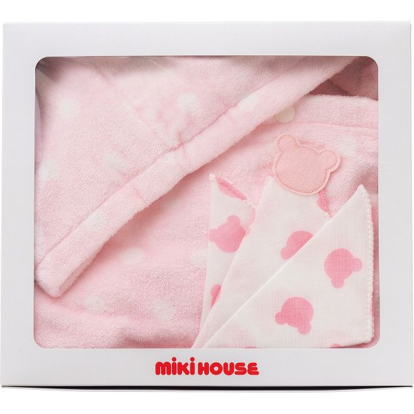 ミキハウス　バスポンチョ＆ガーゼハンカチセット 白×ピンクのサムネイル画像1