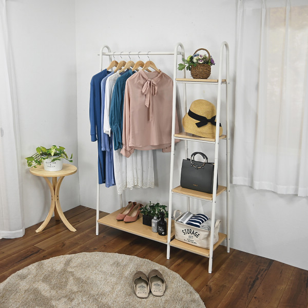 ハンガーラックワイド（棚付） 木目調ナチュラルのサムネイル画像1