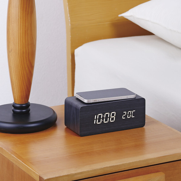 ワイヤレス充電機能付木製デジタルクロック ブラックのサムネイル画像1