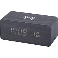 ワイヤレス充電機能付木製デジタルクロック ブラック 