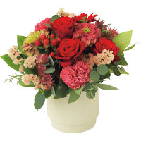 生花アレンジレッドＭ（ボックス：ミルキーホワイト）